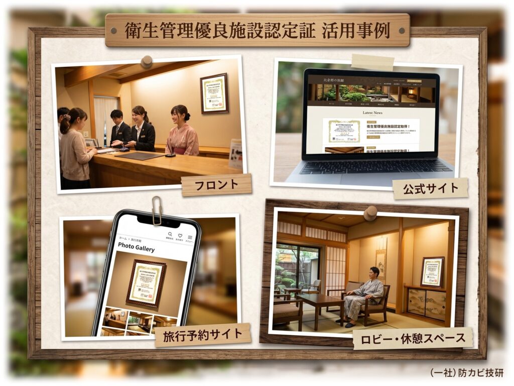 衛生管理優良施設認定証の活用事例集。フロント、公式サイト、旅行予約サイト、ロビーや休憩スペースでの掲示例。