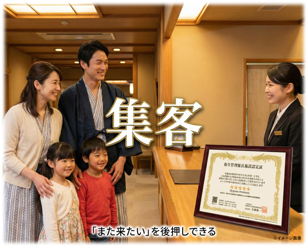 星の認定証が見えない清潔の努力を視覚的に伝え、「綺麗だった」を「また来たい」に変える効果。