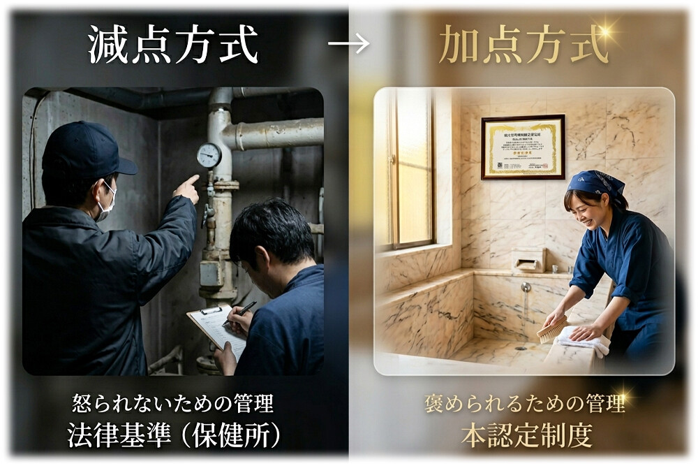 完璧を求める減点法ではなく、衛生管理を学ぼうとする施設管理者の意欲を評価する加点法を採用した認定制度の仕組み。