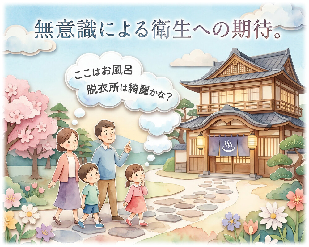 お客様が旅館やホテルを利用する際、脱衣所やお風呂が清潔かどうかを無意識にチェックし、期待している心理イメージ。