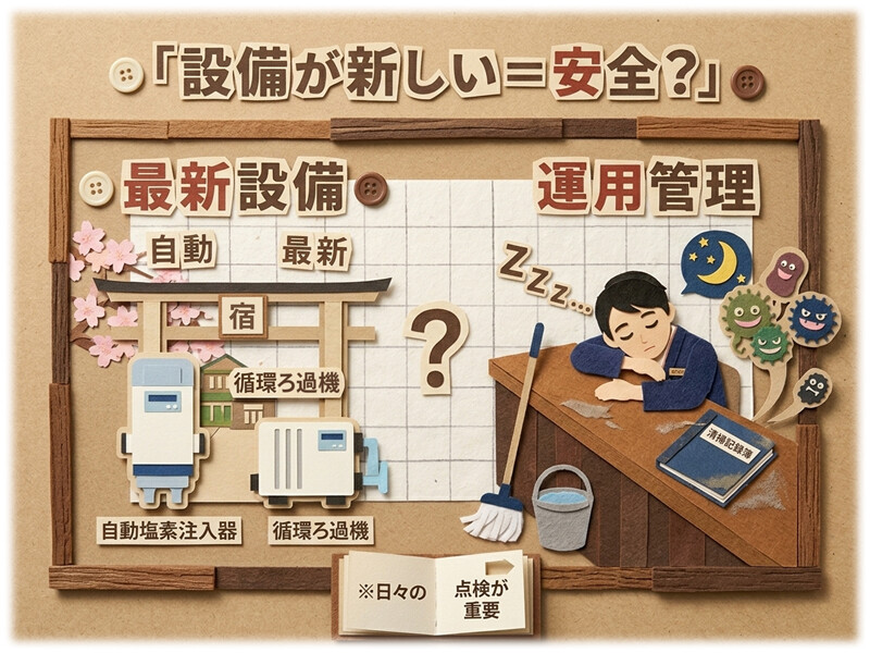 最新の自動塩素注入器や循環ろ過機を導入した新しい入浴施設でも、運用次第で集団感染が多発している事実の解説。